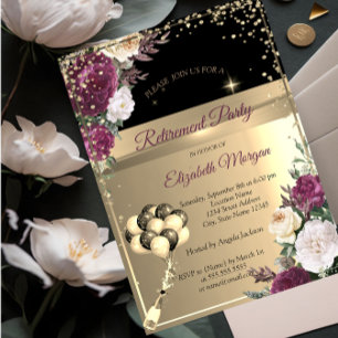 Burgundy Flowers,Diamonds Ballons Retirement Party Invitation
