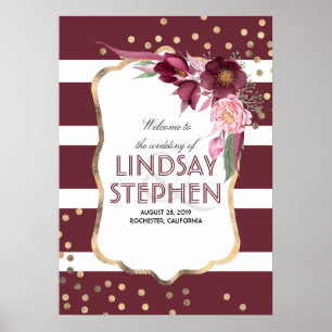 Burgundy Flowers Elegant Gold Dots Wedding Welcome Poster