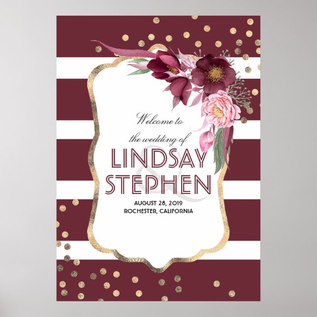 Burgundy Flowers Elegant Gold Dots Wedding Welcome Poster (Front)