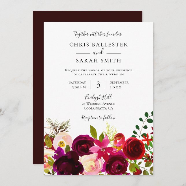Burgundy Flowers Elegant Spring Wedding Invitation (Front/Back)