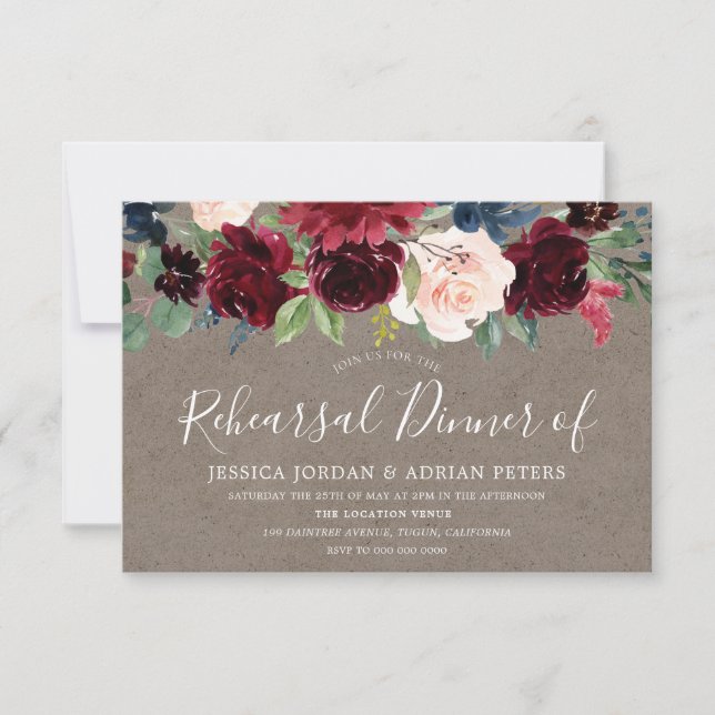 Burgundy Flowers Elegant Vintage Rehearsal Dinner Invitation (Front)