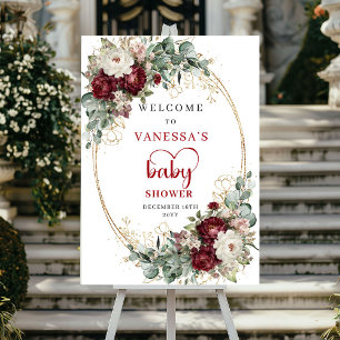 Burgundy Flowers Eucalyptus Baby Shower Welcome Poster