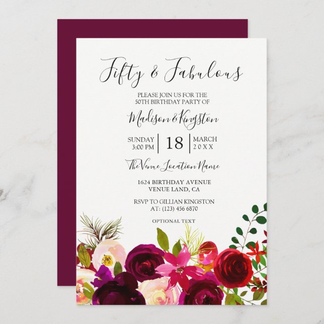 Burgundy Flowers Fifty & Fabulous 50th Birthday Invitation (Front/Back)