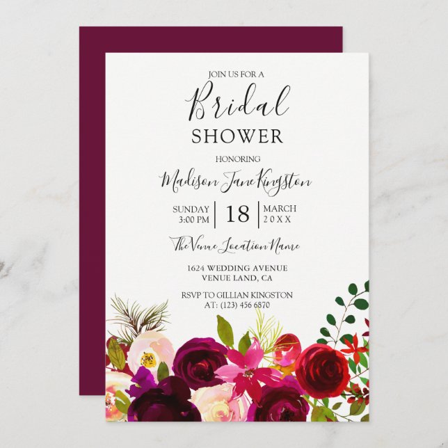Burgundy Flowers Floral Boho Bridal Shower Invitation (Front/Back)