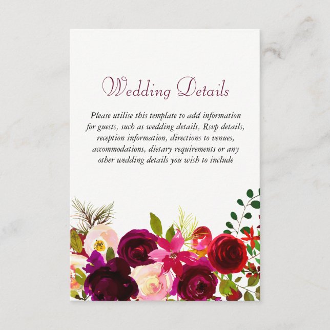Burgundy Flowers Floral Elegant Wedding Details Enclosure Card (Front)