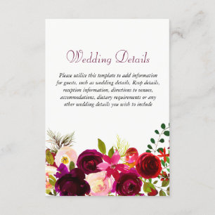 Burgundy Flowers Floral Elegant Wedding Details Enclosure Card