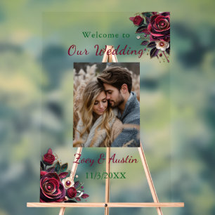 Burgundy Flowers, Foliage and Pearls Personalised Acrylic Sign