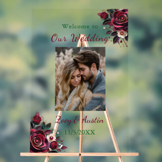 Burgundy Flowers, Foliage and Pearls Personalised  Acrylic Sign