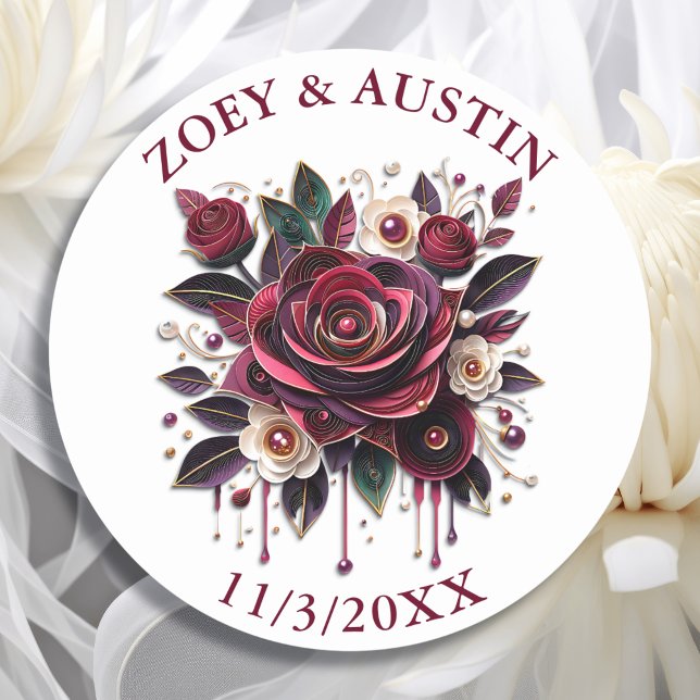 Burgundy Flowers, Foliage and Pearls Personalised  Classic Round Sticker (Creator Uploaded)