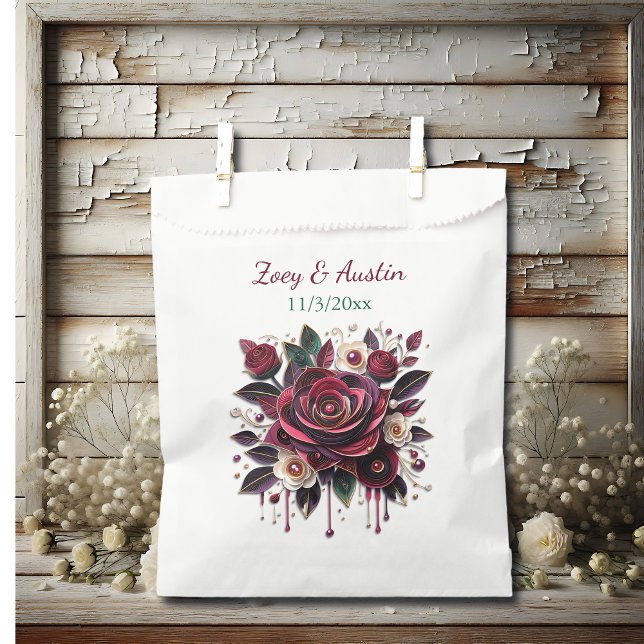 Burgundy Flowers, Foliage and Pearls Personalised Favour Bag (Creator Uploaded)