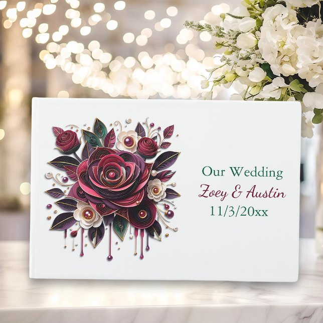 Burgundy Flowers, Foliage and Pearls Personalised Guest Book (Creator Uploaded)