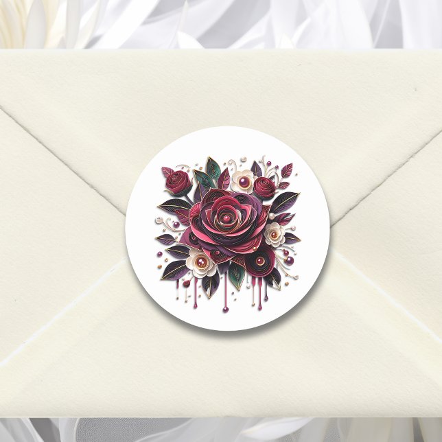Burgundy Flowers, Foliage and Pearls Watercolor Classic Round Sticker (Creator Uploaded)