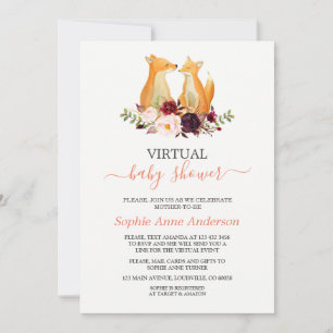 Burgundy Flowers Foxes Virtual Baby Shower By Mail Invitation