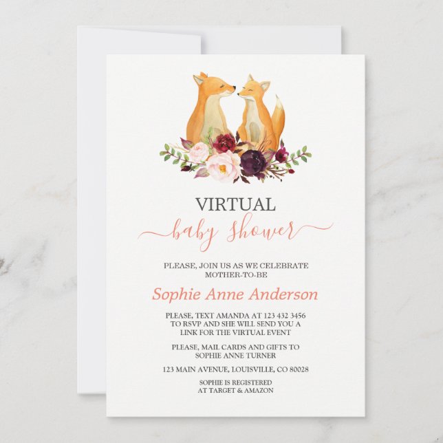 Burgundy Flowers Foxes Virtual Baby Shower By Mail Invitation (Front)