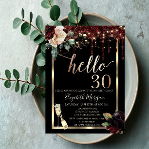 Burgundy Flowers,Frame,Champagne 30th Birthday Invitation