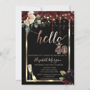 Burgundy Flowers,Frame,Champagne 40th Birthday Invitation