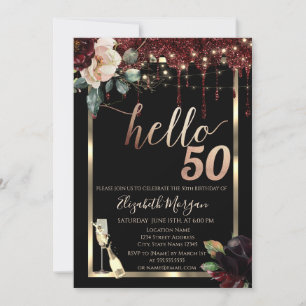 Burgundy Flowers,Frame,Champagne 50th Birthday Invitation