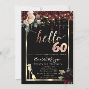 Burgundy Flowers,Frame,Champagne 60th Birthday Invitation