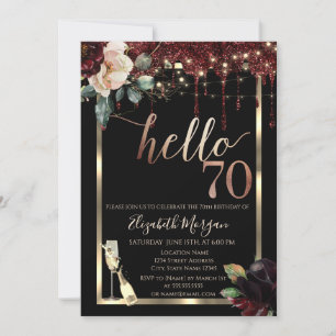 Burgundy Flowers,Frame,Champagne 70th Birthday Invitation