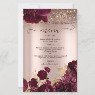 Burgundy Flowers Glitter 90th Birthday Menu Card