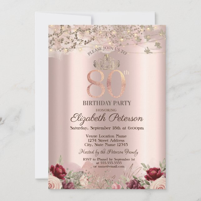 Burgundy Flowers Glitter Border Rose Gold 80TH Invitation (Front)