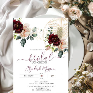 Burgundy Flowers Glitter Glass Bridal Luncheon   Invitation