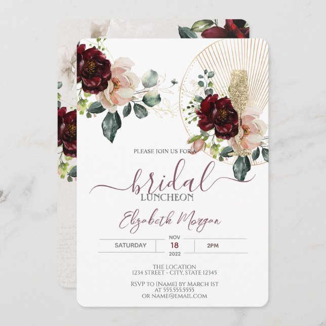 Burgundy Flowers Glitter Glass Bridal Luncheon   Invitation (Front/Back)