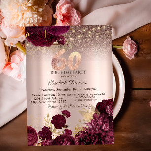 Burgundy Flowers Glitter Rose Gold 60thBirthday Invitation