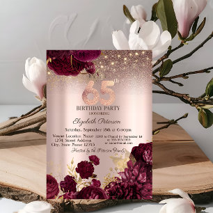 Burgundy Flowers Glitter Rose Gold 65th Birthday   Invitation