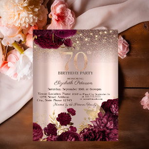 Burgundy Flowers Glitter Rose Gold 70th Birthday   Invitation