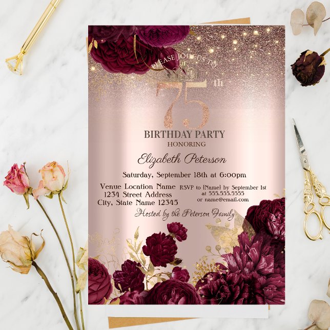 Burgundy Flowers Glitter Rose Gold 75th Birthday   Invitation (Creator Uploaded)