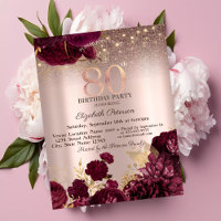 Burgundy Flowers Glitter Rose Gold 80th Birthday  