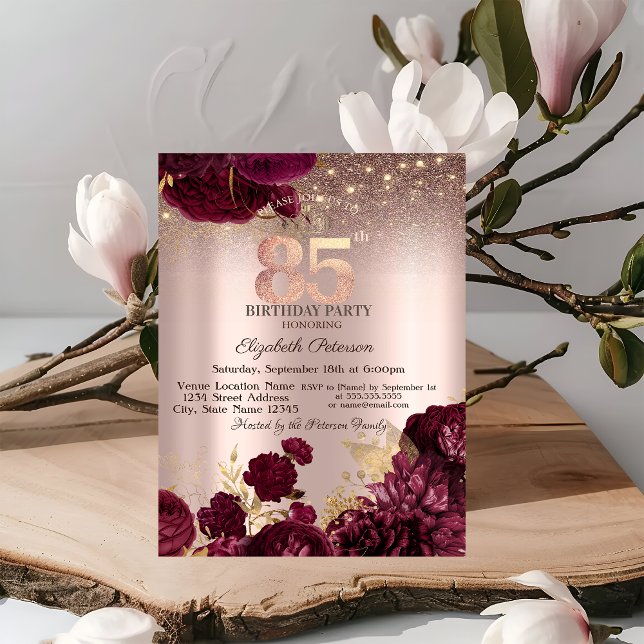 Burgundy Flowers Glitter Rose Gold 85th Birthday   Invitation (Creator Uploaded)