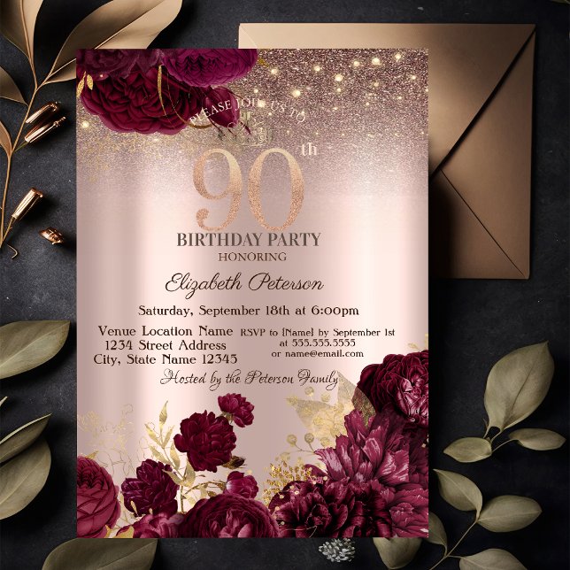 Burgundy Flowers Glitter Rose Gold 90th Birthday   Invitation (Creator Uploaded)