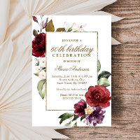 Burgundy Flowers Gold Border 60th Birthday Party