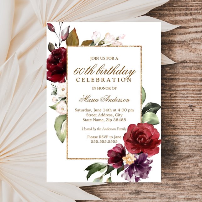 Burgundy Flowers Gold Border 60th Birthday Party Invitation (Creator Uploaded)