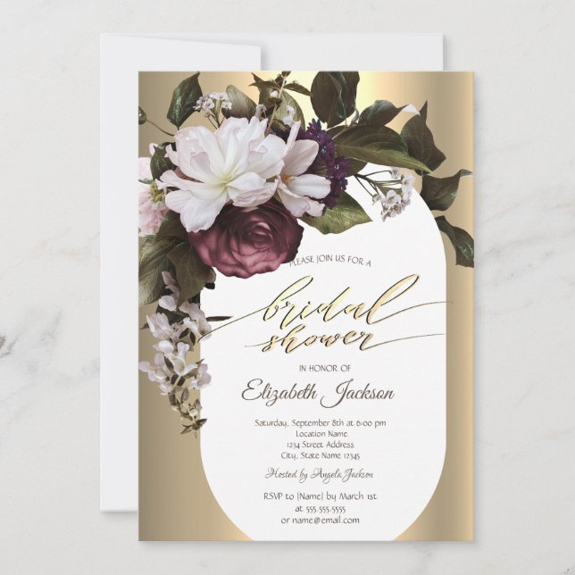 Burgundy Flowers Gold Diamonds Bridal Shower Invitation (Front)