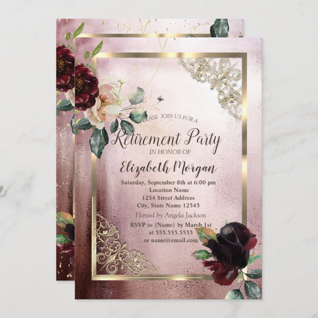 Burgundy Flowers Gold Frame Rose Gold Retirement  Invitation (Front/Back)