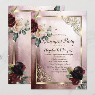 Burgundy Flowers Gold Frame Rose Gold Retirement  Invitation