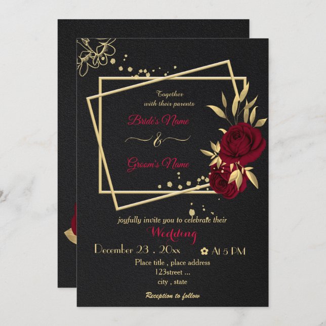 burgundy flowers gold geometric black wedding  invitation (Front/Back)