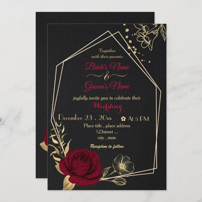 burgundy flowers gold geometric black wedding invitation (Front/Back)
