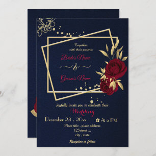 burgundy flowers gold geometric navy wedding invitation