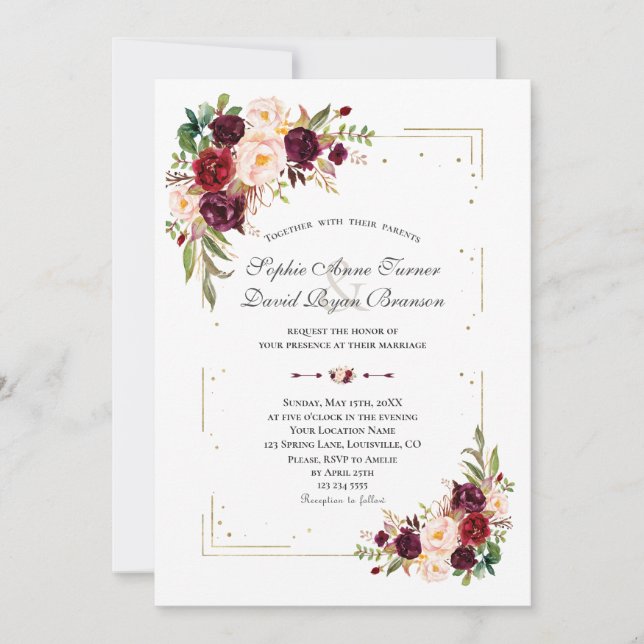 Burgundy Flowers Gold Glitter Frame Wedding Invitation (Front)