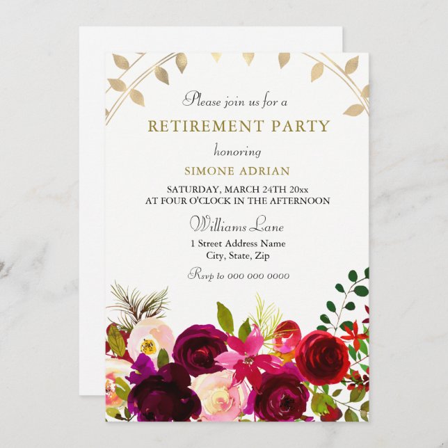 Burgundy Flowers Gold Leaf Retirement Party Invitation (Front/Back)