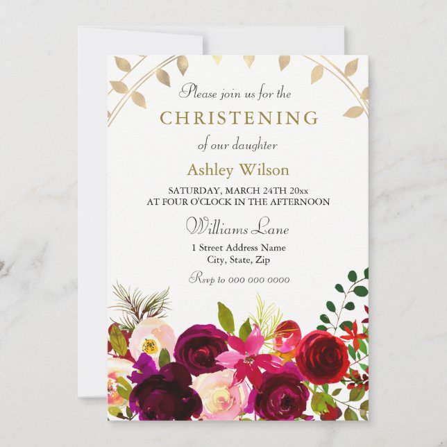Burgundy Flowers Gold Leaf Wreath Christening Invitation (Front)