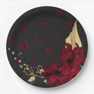 burgundy flowers gold leaves black paper plate
