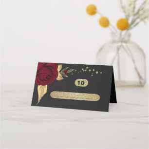 burgundy flowers gold leaves black place card