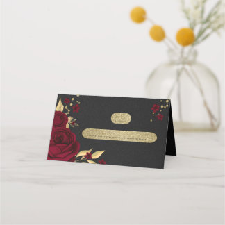 burgundy flowers gold leaves black place card