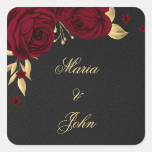 burgundy flowers gold leaves black  square sticker