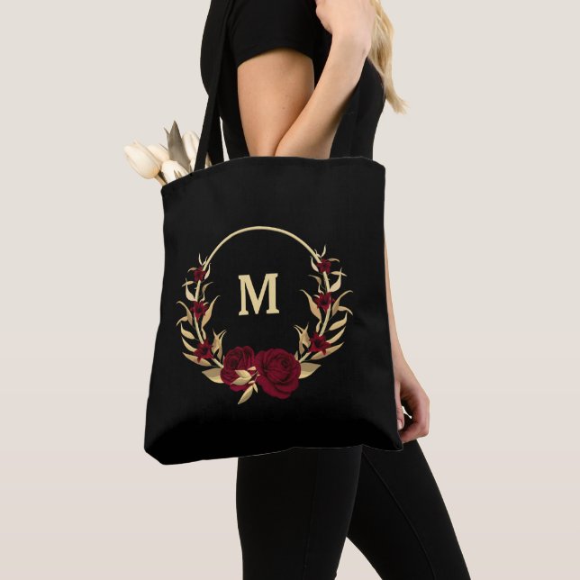 burgundy flowers gold leaves black  tote bag (Close Up)